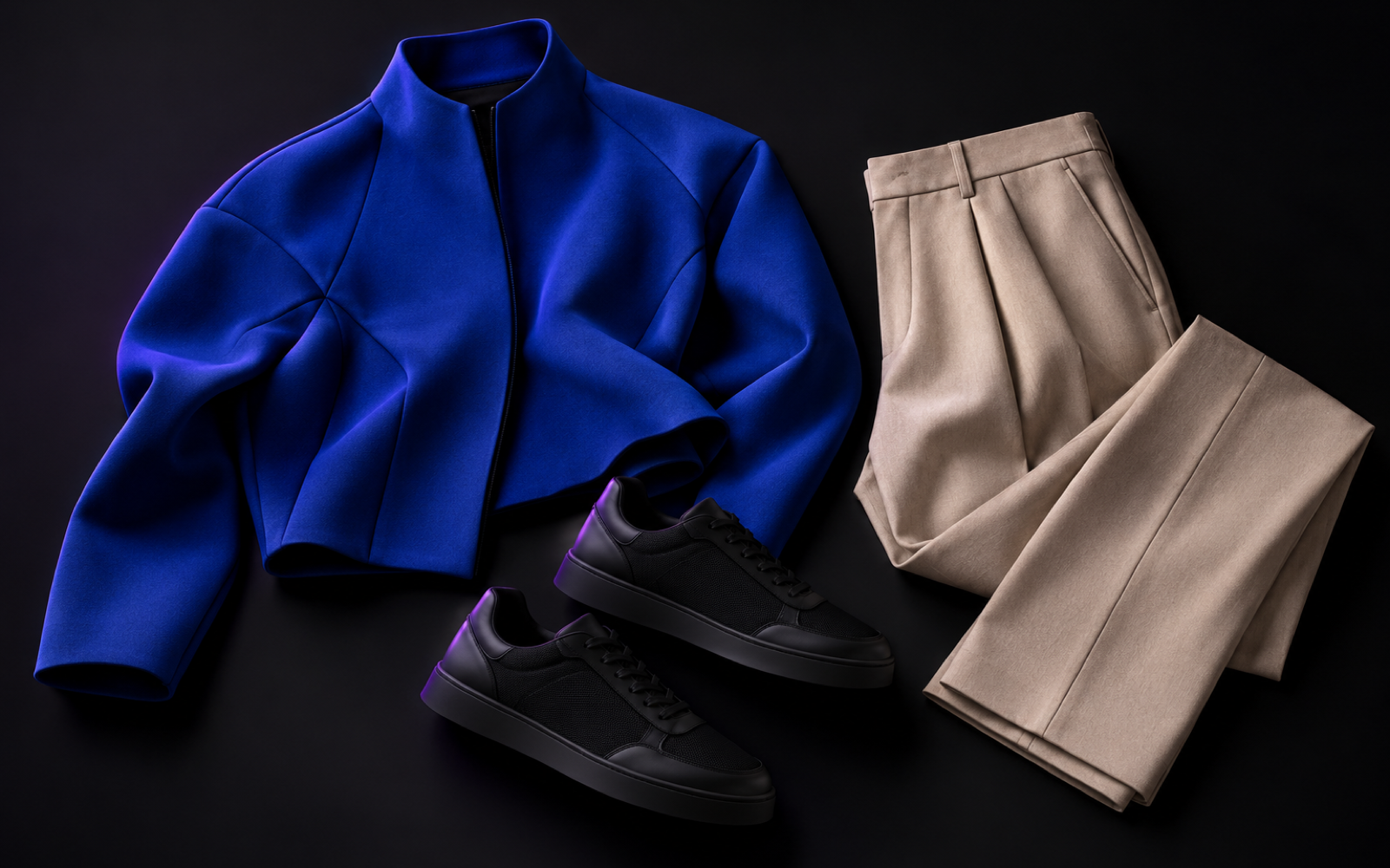 Editorial arrangement of a sneaker, jacket and trousers